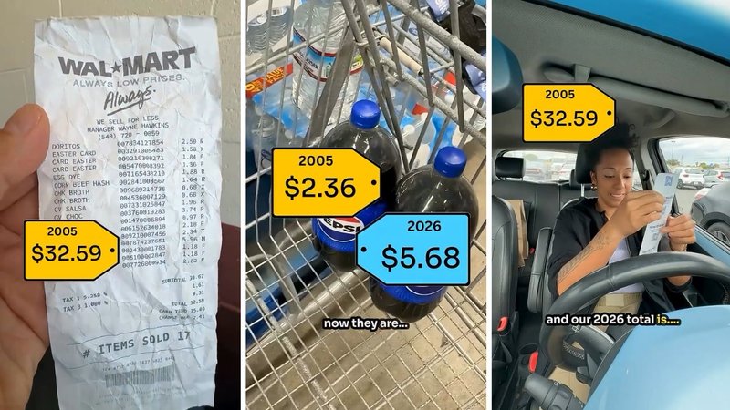 Three videos from HeyBerna's viral video, showing her at Walmart comparing its current prices to those in a 2005 Walmart receipt.