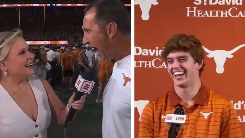 A screenshot of a video showing Holly Rowe interviewing Steven Sarkisian, accompanied by a screenshot of a video showing Arch Manning at a press conference.