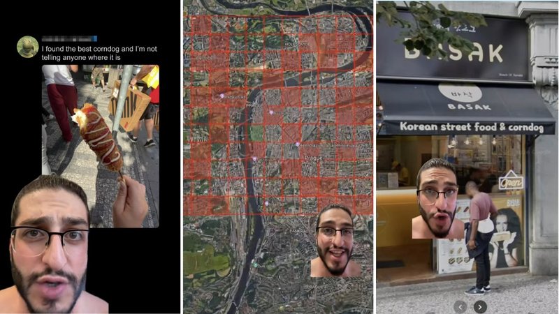 Three screenshots of GuessNotLost's viral video, showing his process for identifying a corndog shop in Prague.