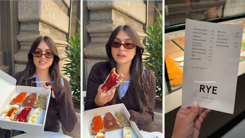 Three screenshots from ChewYorkCity's viral video, showing her sampling the bread slices, and the bakery's menu.