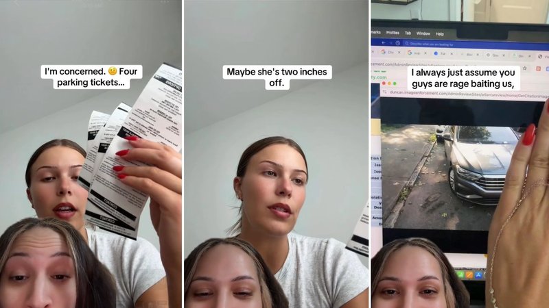 Three screenshots of Candacce's viral video, showing her reacting to another creator's video.