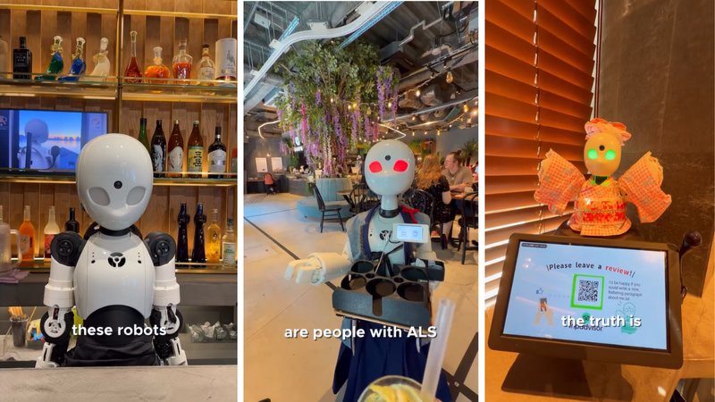 Three screenshots of Evie Parker's viral video, showing her visiting a robot café.