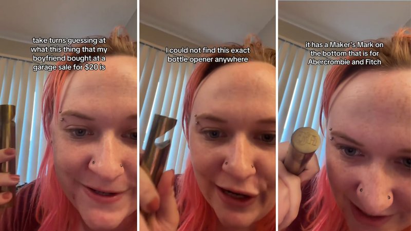 Three screenshots of Pumpkin Head’s viral video, showing her talking about the rare bottle opener.