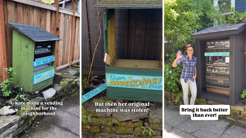 Three screenshots from PDX Dinorama’s video, showing a vending machine and other installations next to a sidewalk.