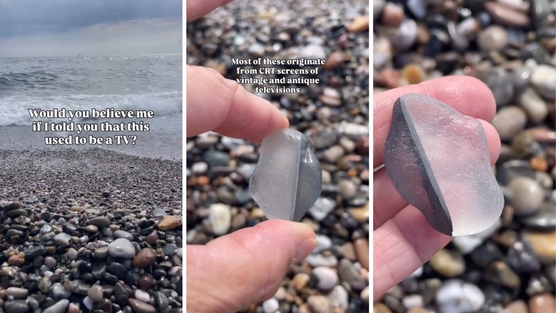 Three screenshots of Dina Seaglass’s viral video, showing a stone that used to be a CRT TV.
