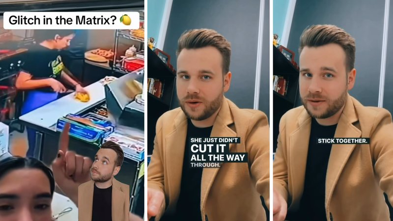 Three screenshots from Mitch CK’s viral video, showing him reacting to the original viral video and speaking to the camera.