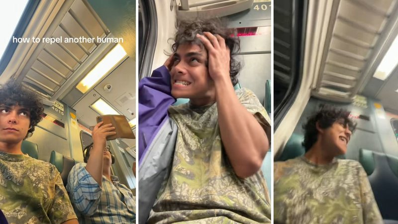 Three screenshots of Benjamin De Almeida’s viral video, showing him behaving strangely on a train to scare someone off.