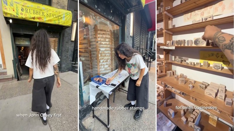 Three screenshots of Ciara Cera’s viral video, showing her walking around the Casey Rubber Stamps shop.