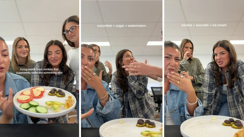 Three screenshots from Jaz Hand Made’s viral video, showing her and her friends trying different food combinations.