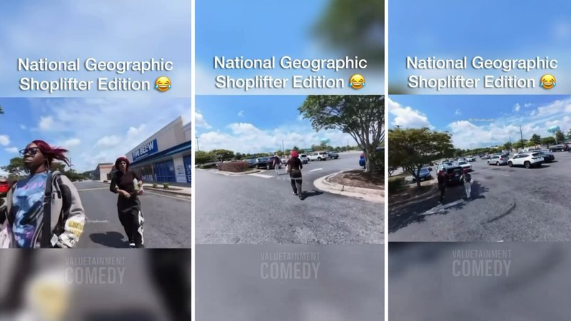 Three screenshots of the viral video, showing two women running through a parking lot.