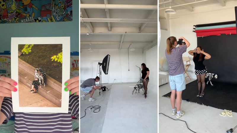 Three screenshots of V Sidaugaite’s viral video, showing her talking to the camera and photographing a woman and a Dalmatian in her studio.