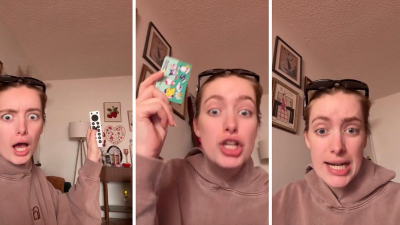 Three screenshots from Sarah Doerner’s viral video, showing her speaking to the camera.