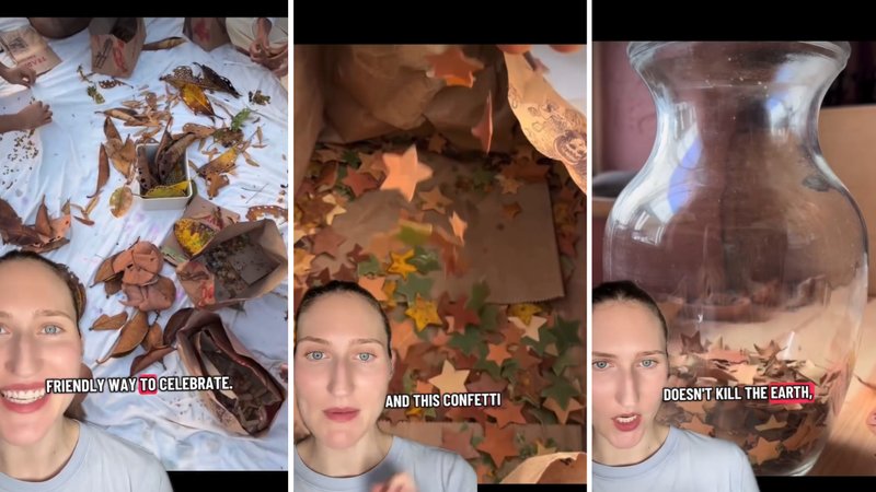 Three screenshots of The Art Revival’s viral video, showing her talking to the camera with images of star-shaped leaf confetti in the background.