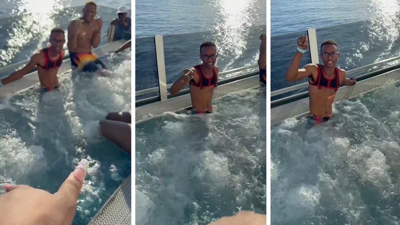 Three screenshots of Vanessa Phillips’ viral video, showing her speaking to Armonte Wilson, who is standing in a hot tub.