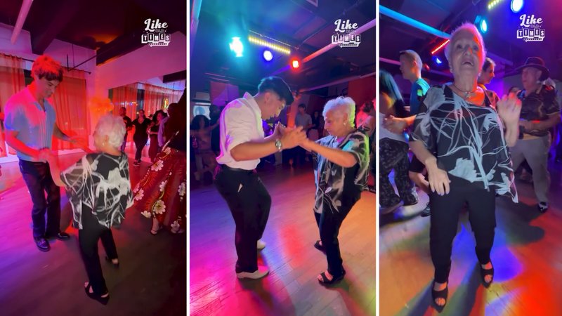 Three screenshots of Like Old Times’s viral video, showing Gaffney and Sandra at the salsa party.