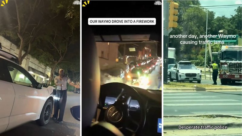 Three screenshots from the viral video, showing Waymo cars and people interacting with them.
