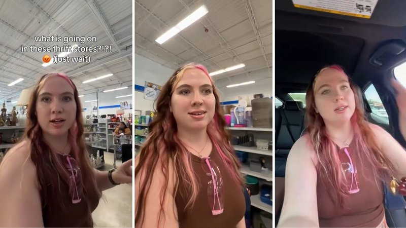 Three screenshots of Queen Taylor’s viral video, showing her walking through Goodwill and sitting in her car.