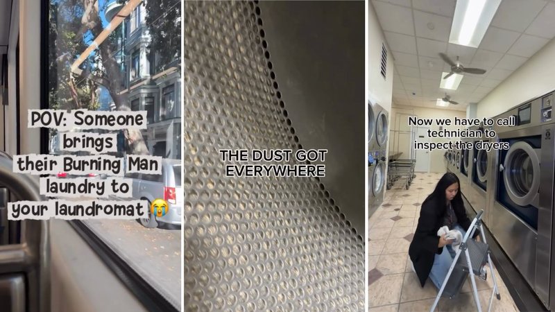 Three screenshots of Dewi Redpath’s viral video, showing her laundromat.