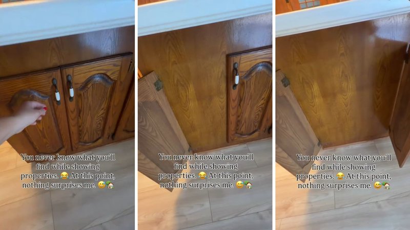 Three screenshots from Heather Kerr’s viral video, showing a pair of kitchen cabinet doors that open to reveal no cabinet behind them.