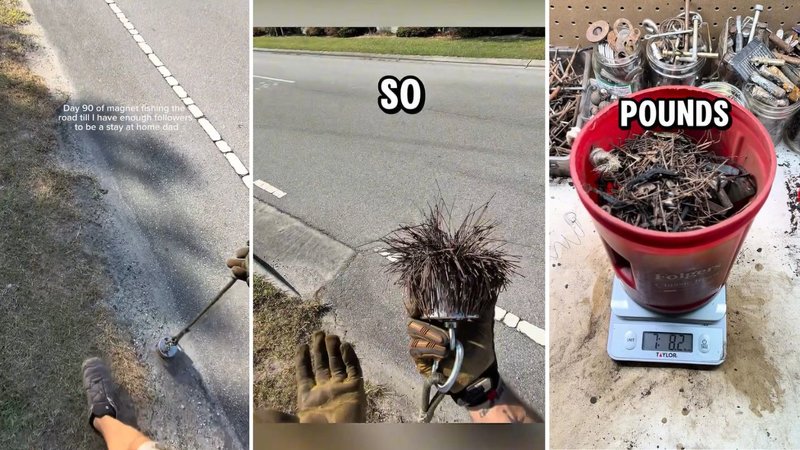 Three screenshots from If Batman Had Magnets’ viral video showing him magnet fishing on a roadside.