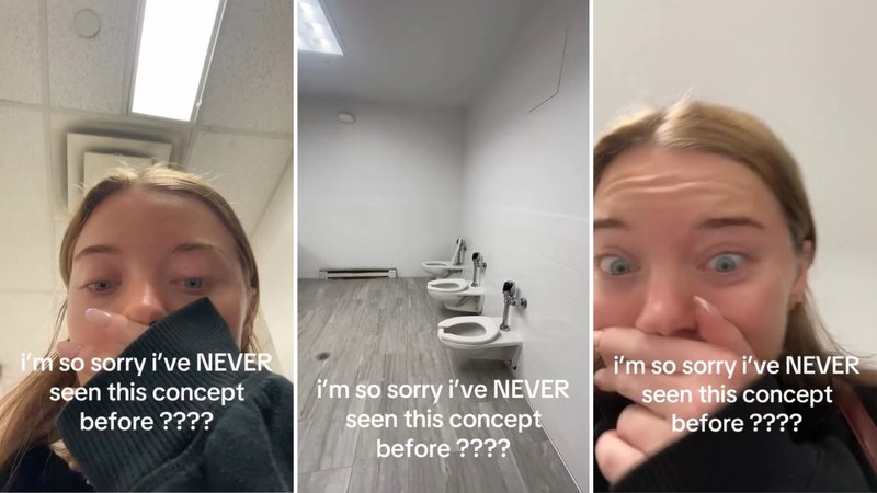 Three screenshots from Maddi Spor’s viral video, showing herself and a bathroom with no stalls.