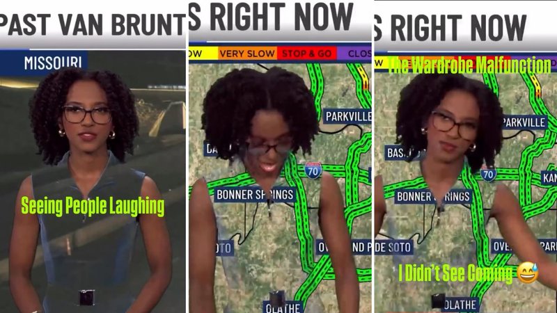 Three screenshots from Taylor Johnson’s viral video, showing her presenting the traffic segment as her vest got green-screened.