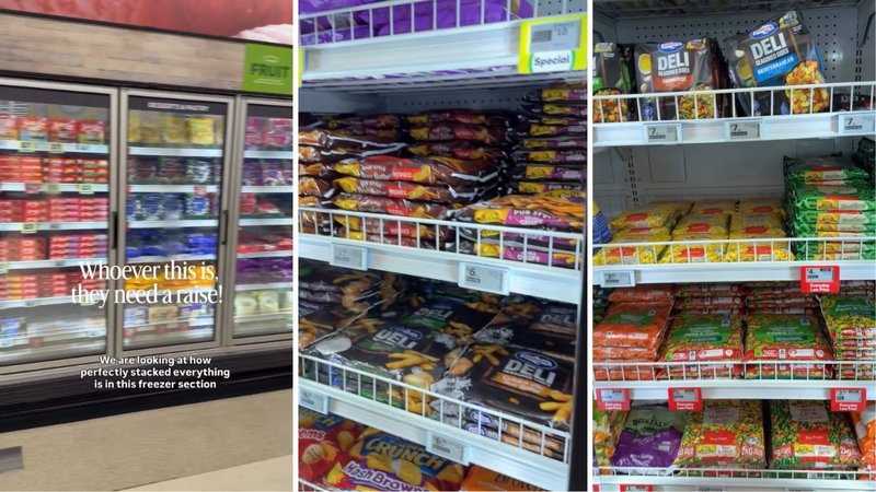 Three screenshots of Sarah Mae Ahern’s viral video, showing perfectly stacked freezers in a supermarket.