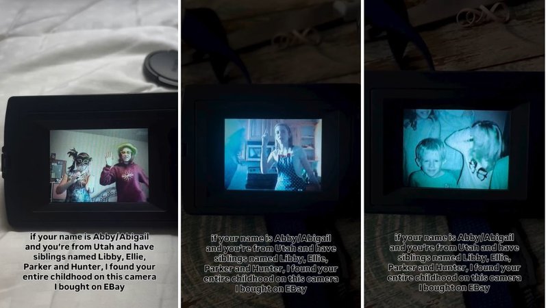 Three screenshots of Ben Coleman’s viral video showing a camera visor playing a family’s home movies.