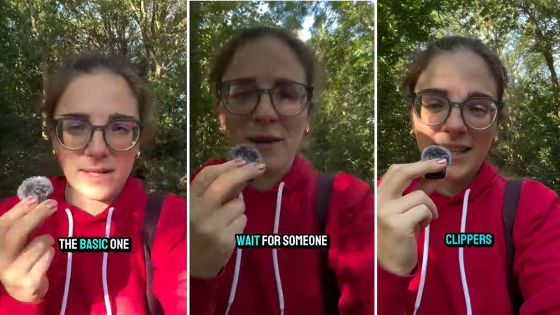 Three screenshots of Sally Wagner’s viral video, showing her talking to the camera while walking through a forest.