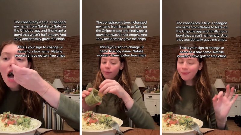 Three screenshots from Natalie Melissa Kelly’s viral video, showing her eating from a takeout bowl.