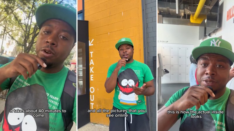 Three screenshots from Scourge Bliss’s viral video, showing him talking to the camera and holding a tiny microphone while he walks down a street and stands in front and inside of a building.