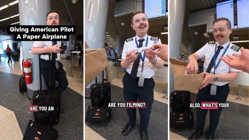 Three screenshots from Jaeseo Papercraft’s viral video showing him gifting a paper airplane model to a pilot.