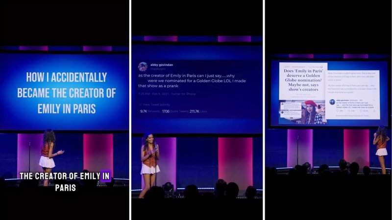 Three screenshots of Abby Govindan’s viral video, showing her speaking on a stage with a handheld microphone and a screen with a presentation behind her.
