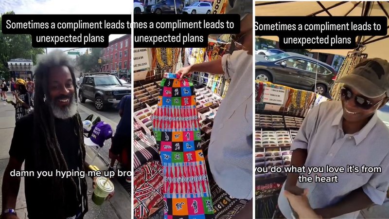 Three screenshots of Vinsvision’s viral video, which shows him talking to a man on a street and a pants seller.