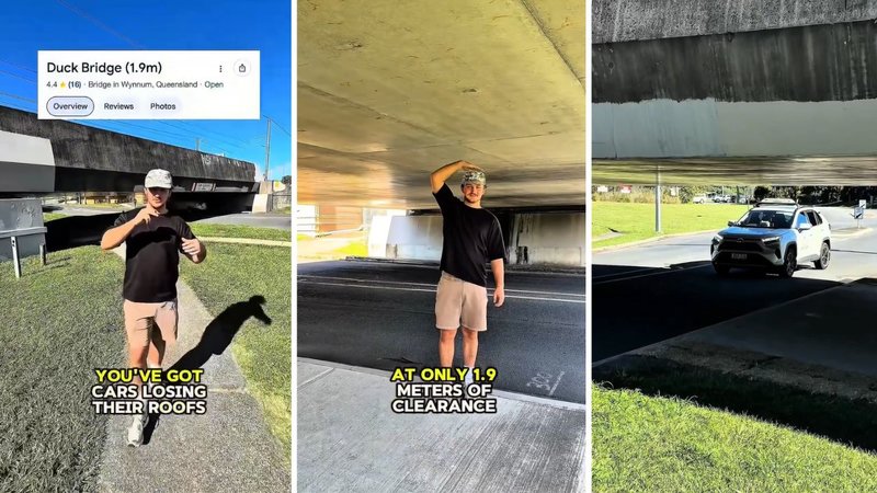 Three screenshots from Jon Wyeth’s viral video, showing him speaking to the camera and standing near the Duck Bridge.