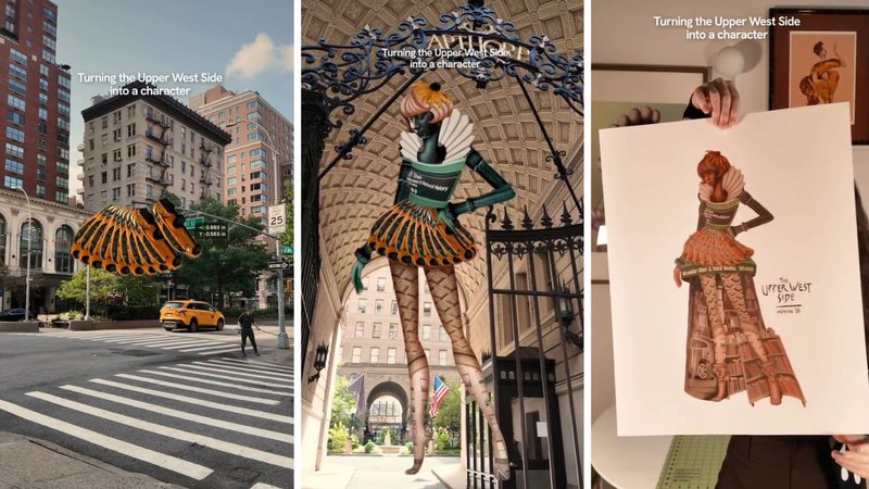 Three screenshots of Nataszko’s viral video, showing her filming different spots of New York City’s Upper West Side and then hand-painting the character she created.