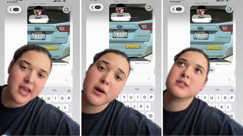 Three screenshots of emgracedawg’s viral video, showing her talking to the camera with a screenshot of her and her father’s messages in the background.