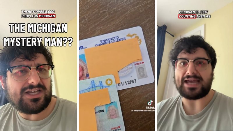 Three screenshots of Cody Jacob’s viral video, showing him talking to the camera and a photo of a man in someone else’s driver’s license.
