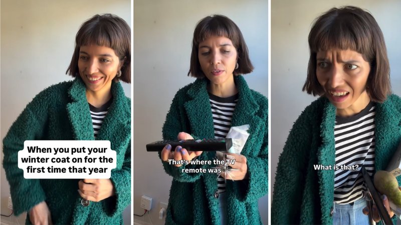 Three screenshots from Alice Etches’ viral video, showing her pulling out various things from her coat pocket.
