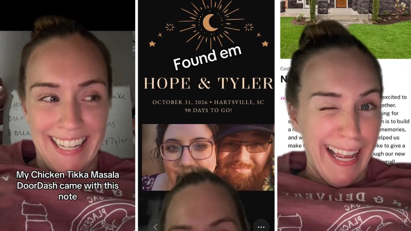 Three screenshots of Jen Hamilton’s viral video, showing her smiling at the camera with different websites in the background.