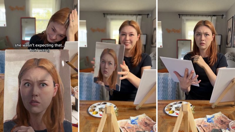 Three screenshots of Jesse Chris’ viral video, showing her getting handed a painting of herself and reacting to it.