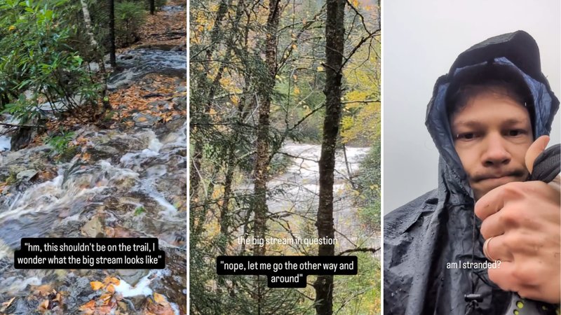 Three screenshots from Oleksii’s viral video, showing him hiking through a flash flood.