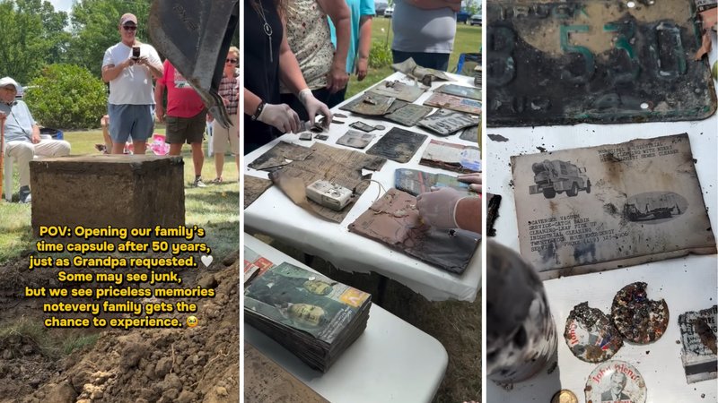 Three screenshots from Mikayla Jones’s viral video, showing a box being dug up and the objects it contained.