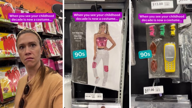 Three screenshots from Nicole Story Dent’s viral video, showing her walking through Spirit Halloween and filming 90s-themed costumes.