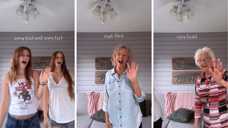 Three screenshots from Ava Danberg’s viral video, showing women of different generations.
