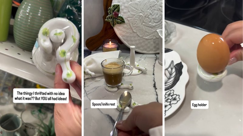 Three screenshots from Yours Truly Home’s viral video, showing a set of porcelain, questionmark-shaped objects being used for different things.