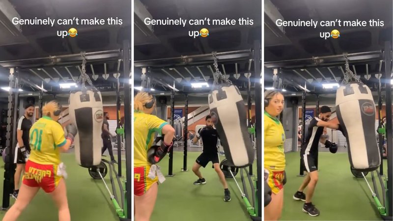 Three screenshots from Ameerah Serroukh’s viral video, showing her and a man hitting a punching bag at a gym.