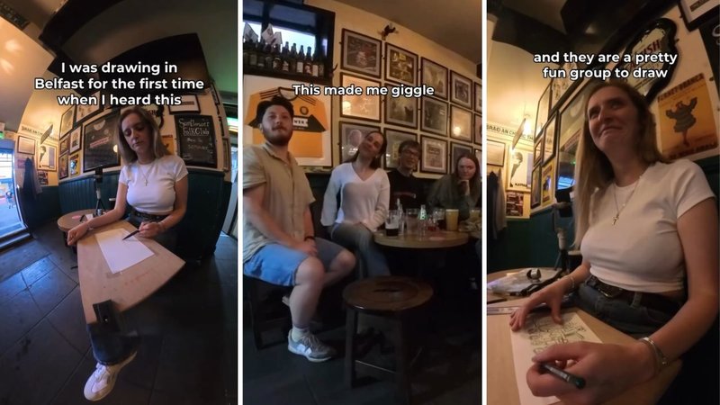 Three screenshots of Geraldine Illustrations’s viral video, showing her drawing a group of friends at a pub.