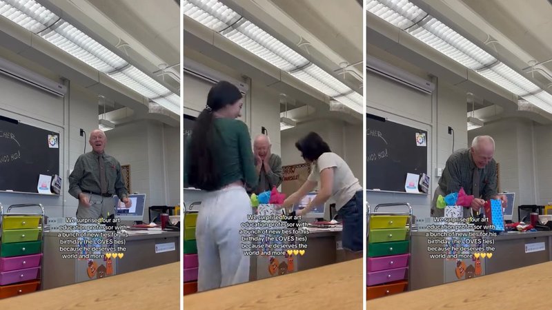 Three screenshots from Seanna Whitten’s viral video, showing a professor receiving many gifts from his students.