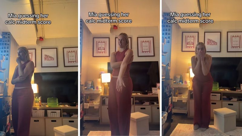 Three screenshots from Maggie Taylor’s viral video, showing her friend Mia Schneider speaking to the camera and looking away worriedly.